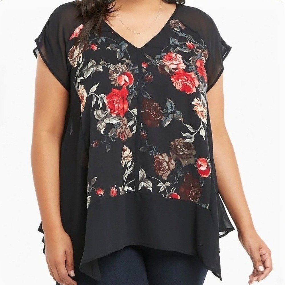 Torrid Floral Chiffon Sharkbite Hem Top 5 Sheer Black Rose Boho Dark Romantic
